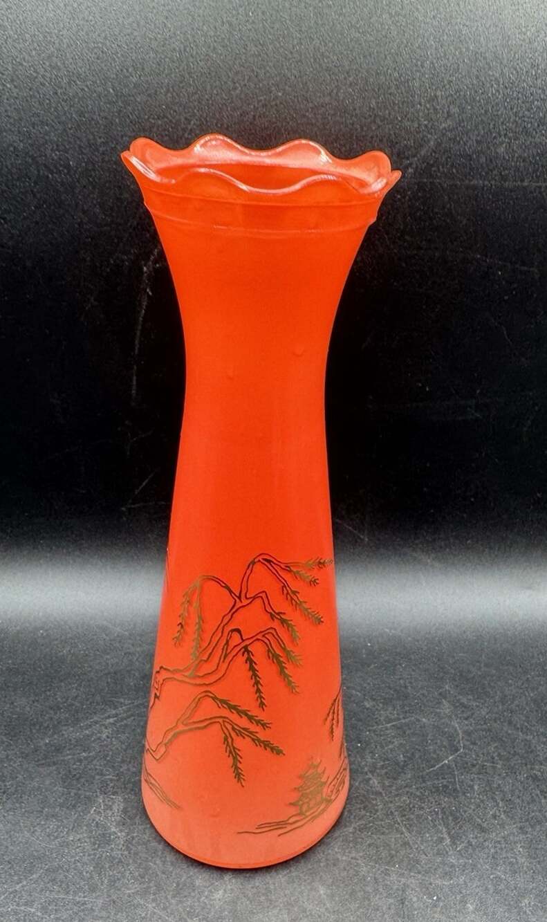 VTG MCM Bartlett Collins Vase Orange Deep Coral Pagoda with Gold Overlay 9" -S1